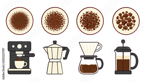 Photos Coffee grind size chart with brewing methods vector illustration
