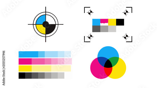 CMYK printing marks, color bars, and mixing diagram set