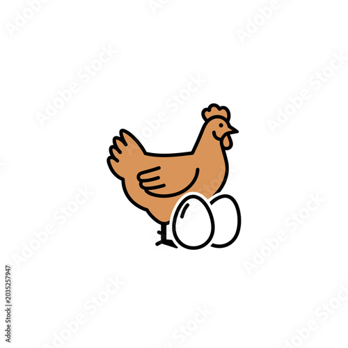 Chicken hen with eggs icon for poultry farm labels.