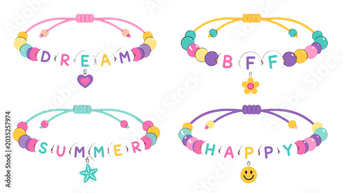 Foto Colorful beaded friendship bracelets with letter beads and charms
