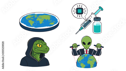 Tableau sur toile Conspiracy theory icon set with flat earth, vaccine and alien