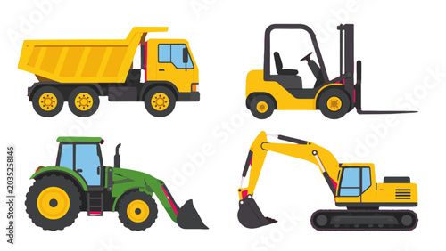 Foto Set of construction vehicles including dump truck tractor and excavator