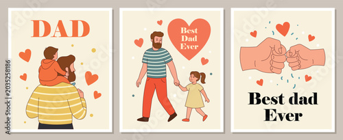 Set of three greeting cards for fathers day with illustrations of a father and children, dad carrying son, holding daughter hand, fist bump
