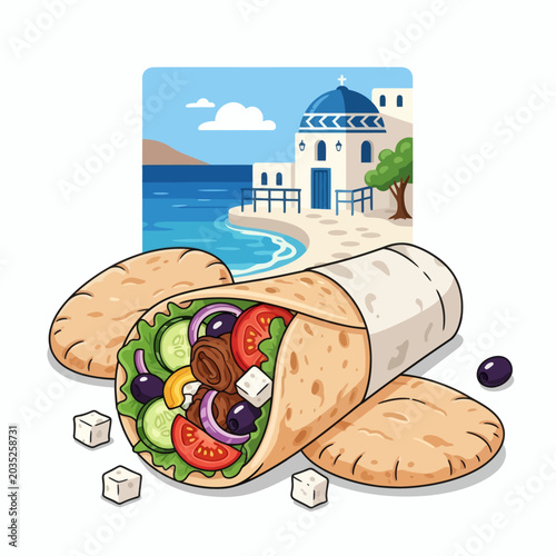 Delicious Gyro Wrapped In Pita Bread With Fresh Vegetables And Feta Cheese In A Greek Setting