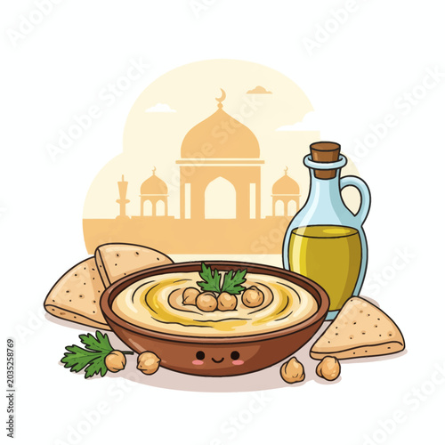 Delicious Hummus Dip With Pita Bread And Olive Oil Bottle In Front Of Mosque Silhouette Warm Tones