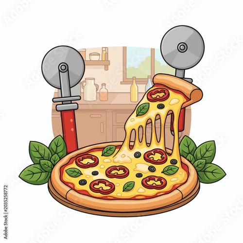 Delicious Pepperoni Pizza With Melting Cheese And Fresh Basil Leaves In A Kitchen Setting