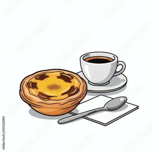 Pastel de Nata And Coffee With Spoon And Napkin On White Background