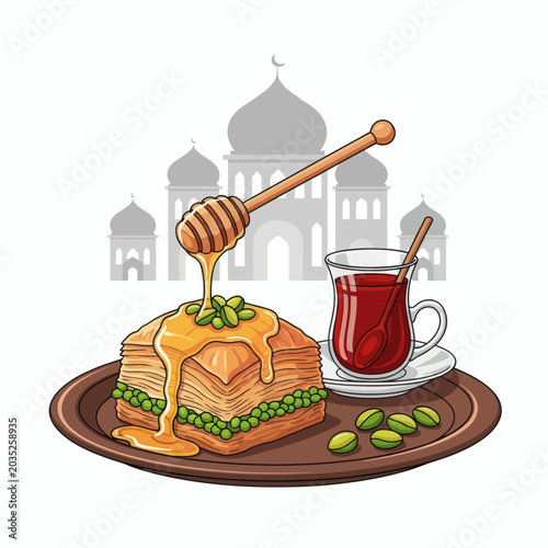 Pixel Art Baklava With Honey And Pistachios Next To Turkish Tea With Mosque Silhouette Background