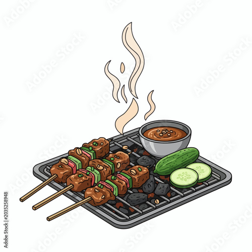 Pixel Art Barbecue Skewers with Peanut Sauce and Cucumbers on Grill