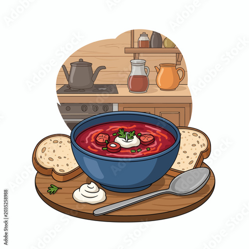 Pixel Art Borscht Soup With Bread And Sour Cream In Rustic Kitchen Setting