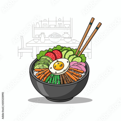 Pixel Art Bibimbap Bowl With Egg And Chopsticks On White Background