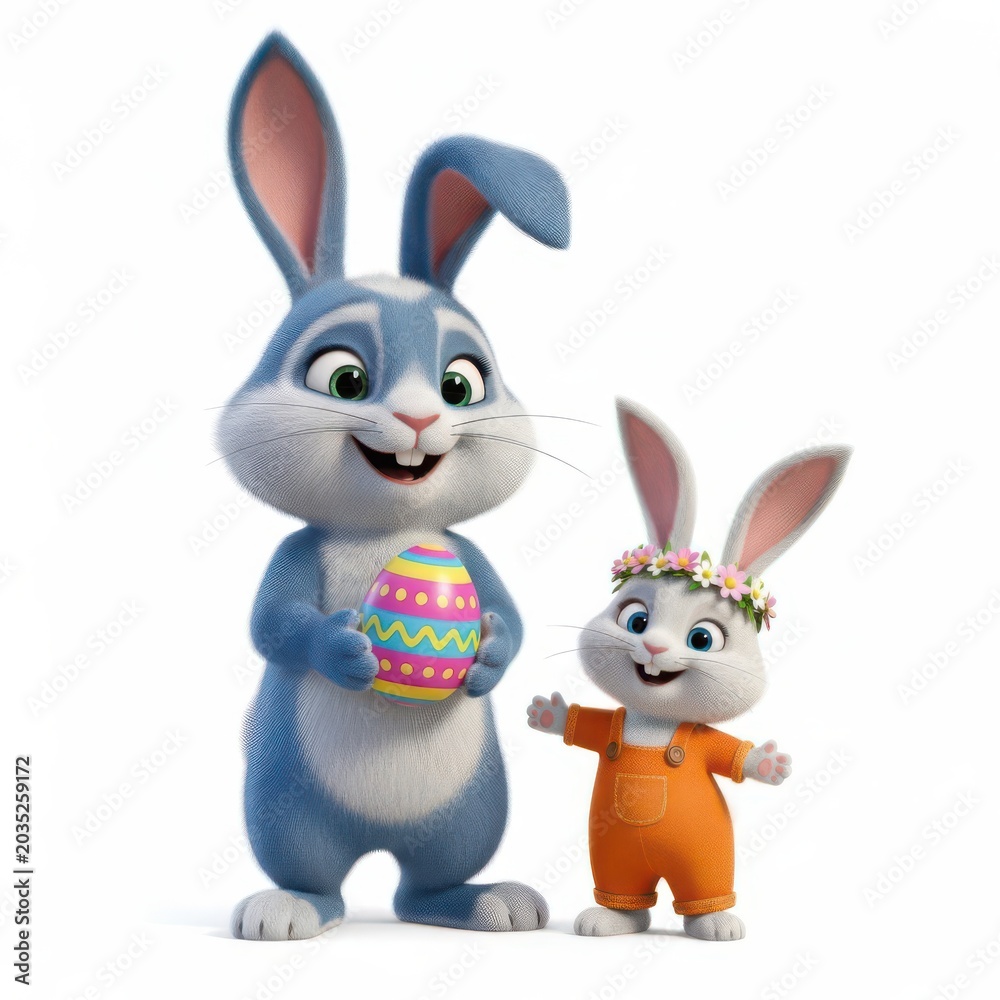 Obraz premium Two cute Easter bunnies holding a colorful decorated egg