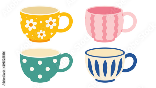 Fotografie Set of colorful patterned cups in flat vector style