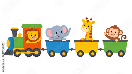 Photography Cute cartoon wild animals riding a colorful toy train