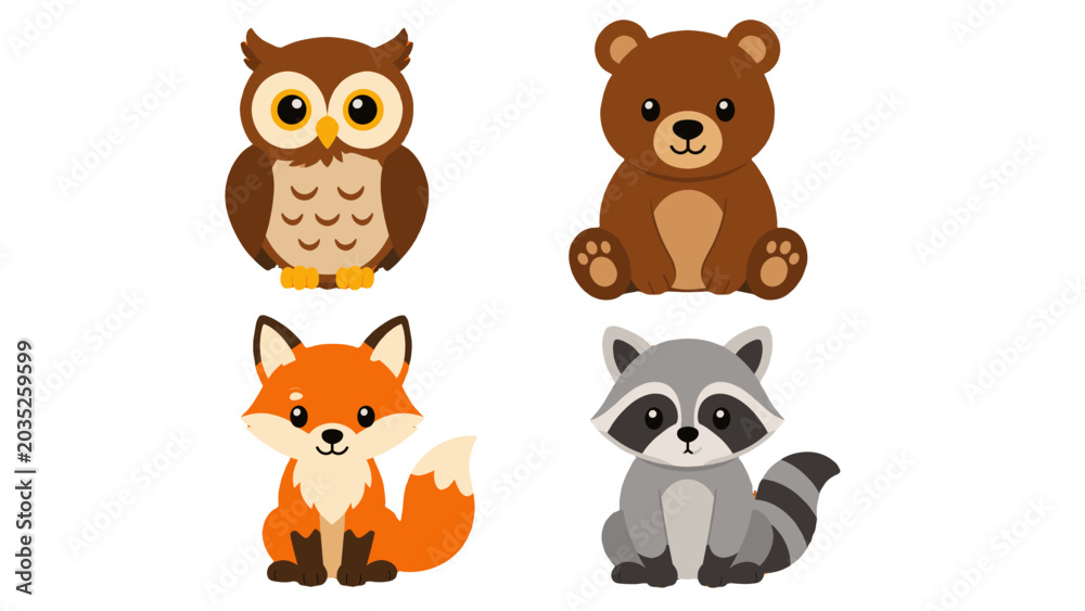Fototapeta premium Cute cartoon forest animals set with owl bear fox and raccoon