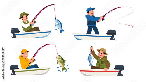 Fotografie Cartoon fishermen in boats catching fish set illustration