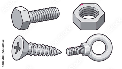Photography Flat vector set of metal bolt, nut, screw, and eye bolt