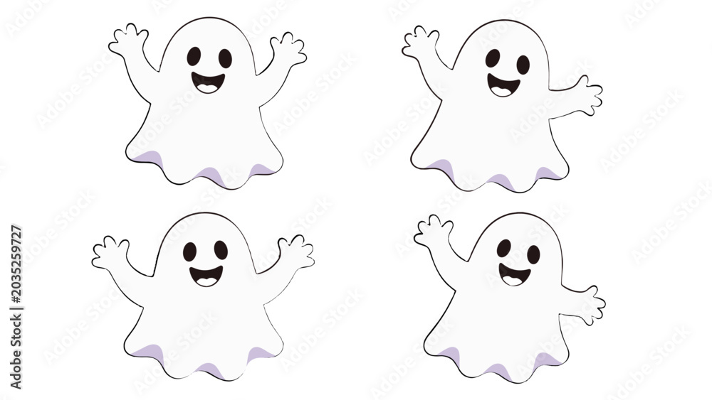 Fototapeta premium Cute smiling ghost characters with raised arms illustration set