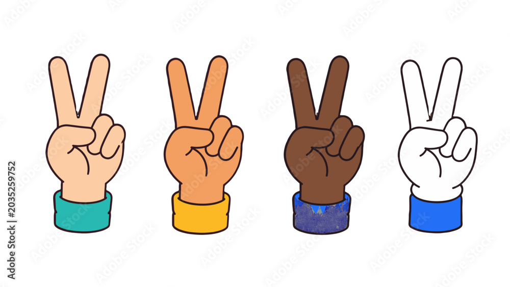 Fototapeta premium Cartoon hands showing peace or victory sign in different skin tones