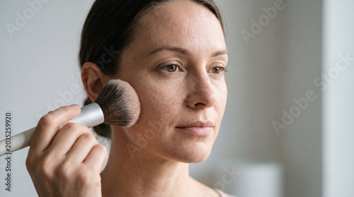 Adult Woman Setting Her Natural Makeup with Translucent Powder
