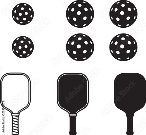 Pickleball equipment vector icons set with black silhouettes and outlines of paddles and perforated balls isolated on white background for sports