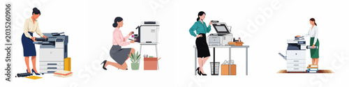 Tableau sur toile Four flat vector illustrations of businesswomen performing maintenance tasks like replacing toner and refilling ink on various office printers and copiers