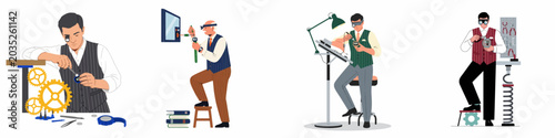 Foto Set of professional watchmakers and clockmakers working on timepieces with precision tools in their workshops, represented in a flat illustration style
