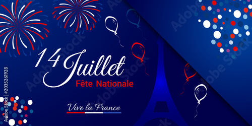 Obraz na płótnie Festive Banner for July 14th, Bastille Day, with fireworks, confetti, typography in french and French patriotic colors