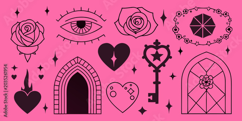 Foto Gothic Esoteric Symbols Collection Black Line Art On Pink Background