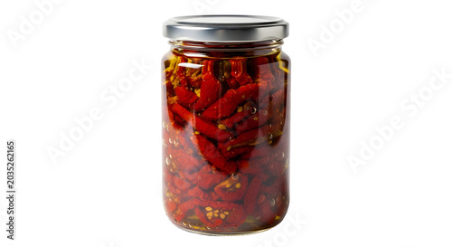 Glass jar filled with preserved sun-dried tomatoes in olive oil, ready for culinary use