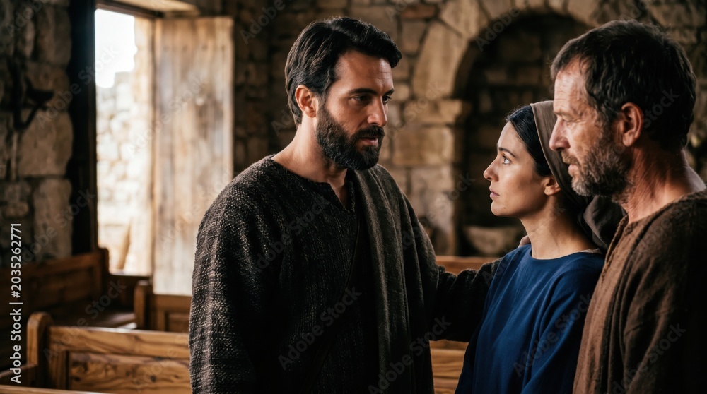Fototapeta premium Saint Paul talking with tentmakers Aquila and Priscilla in ancient Corinth. Biblical scene depicting apostle meeting fellow workers. Historical reenactment of religious community.