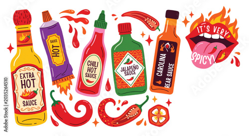 Foto Spicy hot sauce bottle collection with chili peppers, flat vector illustration o