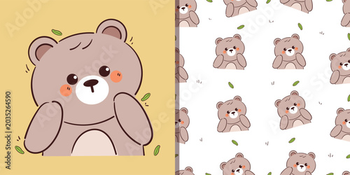 cute card and pattern with hand drawn cartoon bear surrounding with leaves