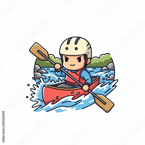 Pixel Art Person Canoeing Down White Water Rapids Wearing Helmet and Life Vest