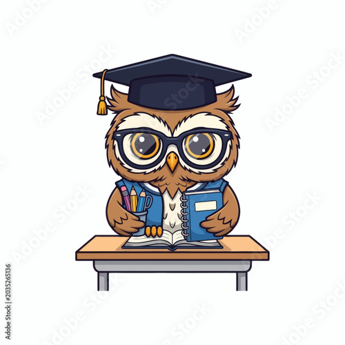 Pixel Art Owl Wearing Graduation Cap and Glasses Reading Book at Desk