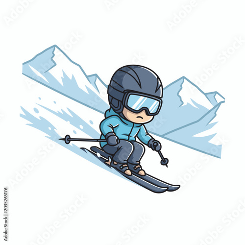 Pixel Art Skier Descending Snowy Mountain Slope Wearing Blue Jacket and Helmet