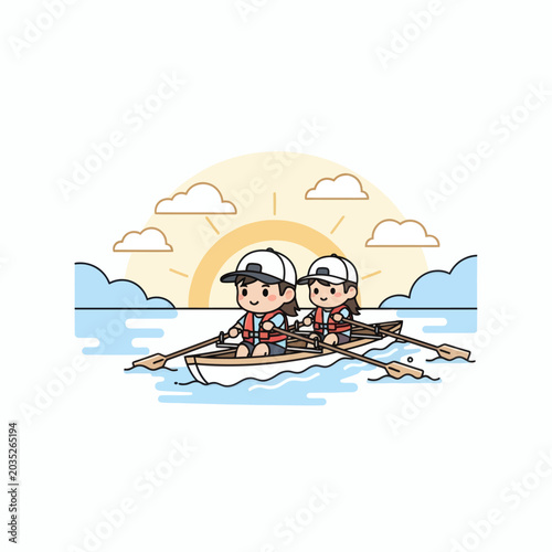 Two People Rowing Boat Together During Sunrise With Clouds and Blue Sky