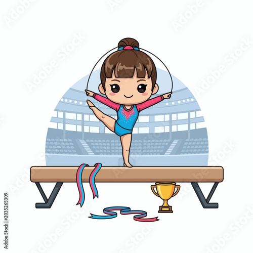 Young Cartoon Girl Performs Gymnastics Routine on Balance Beam with Trophy and Ribbons in Arena