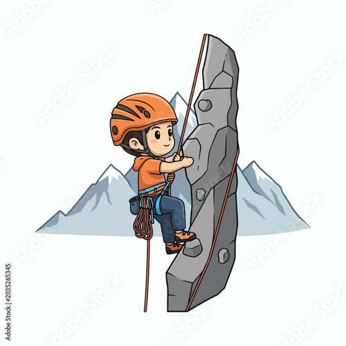 Young Person Rock Climbing With Orange Helmet Blue Harness Against Snowy Mountains
