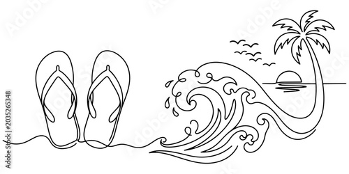 Foto Continuous line drawing of flip flops beside ocean wave tropical escape, line art vector illustration