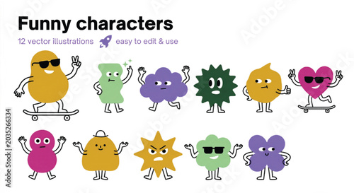 Foto Funny characters set with 12 vector illustrations, quirky cartoon mascots in ret