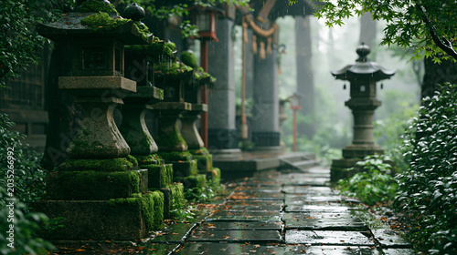 雨の日の日本の神社、苔むした石灯籠と石畳の小道