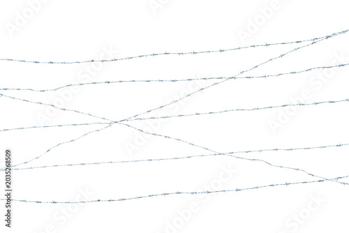 Schilderij op canvas This image features multiple strands of barbed wire crossing over each other in various directions, showcasing their twisted metal texture and sharp barbs, On Transparent Background