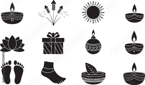 Diwali, Diwali icons, Diwali decorations, festival of lights symbols isolated PNG with Transparent Background