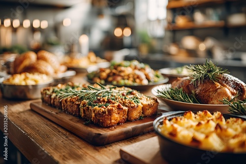 A delicious spread of food laid out on a wooden table, featuring roasted chicken, pies, and casseroles, all garnished with fresh herbs