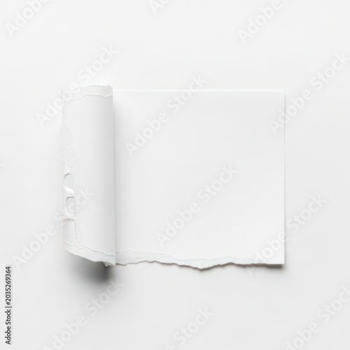 A single sheet of white paper with a curled edge and torn side