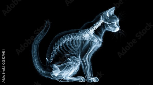 Scientific x-ray image of a cat skeleton showing anatomy structure and veterinary medical research details