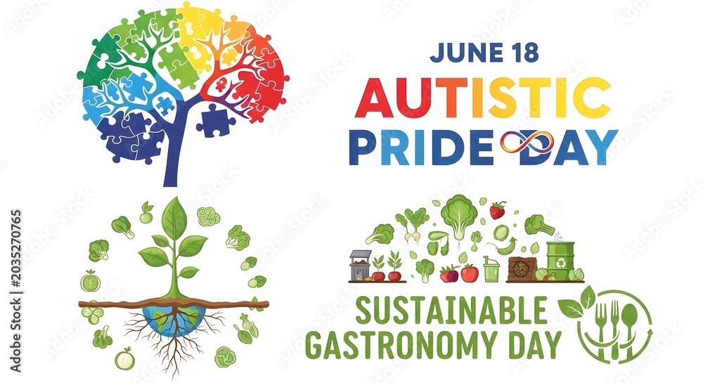 Fototapeta premium June 18 Dual Awareness Banner for Autistic Pride Day and Sustainable Gastronomy Day