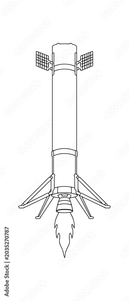 Obraz premium Landing rocket booster icon. reusable rocket, booster stage, engines, landing legs, grid fins, thrust and descent. flat vector illustration isolated on white background.