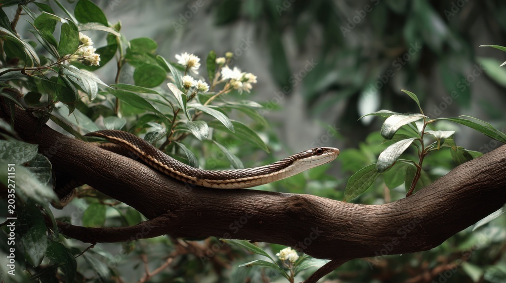 Fototapeta premium Slender Snake on Branch Surrounded by Green Foliage and Flowers